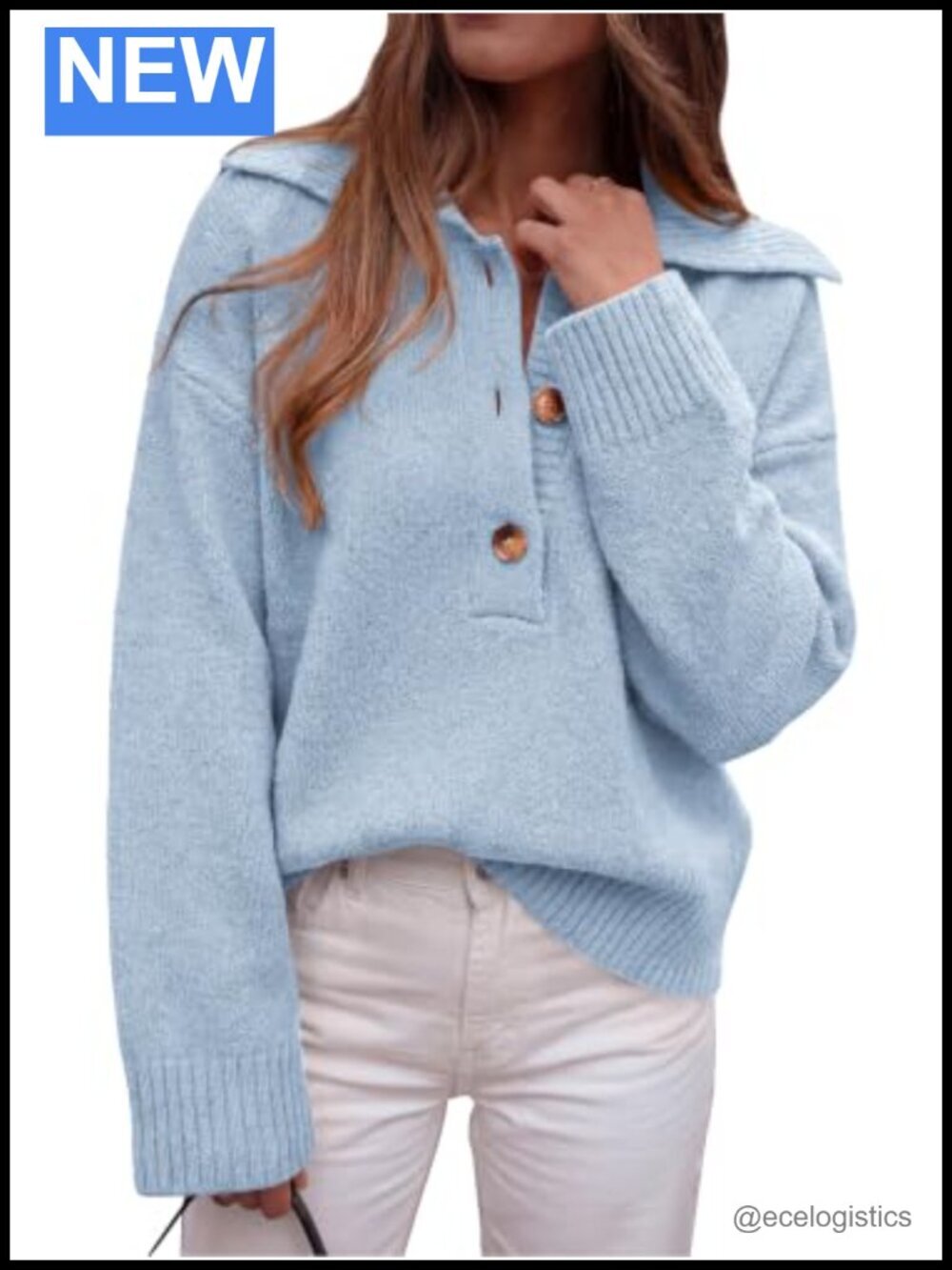 Long Sleeve Polo Sweater Button Up V-Neck Ribbed Knit Relaxed Fit Women 2026